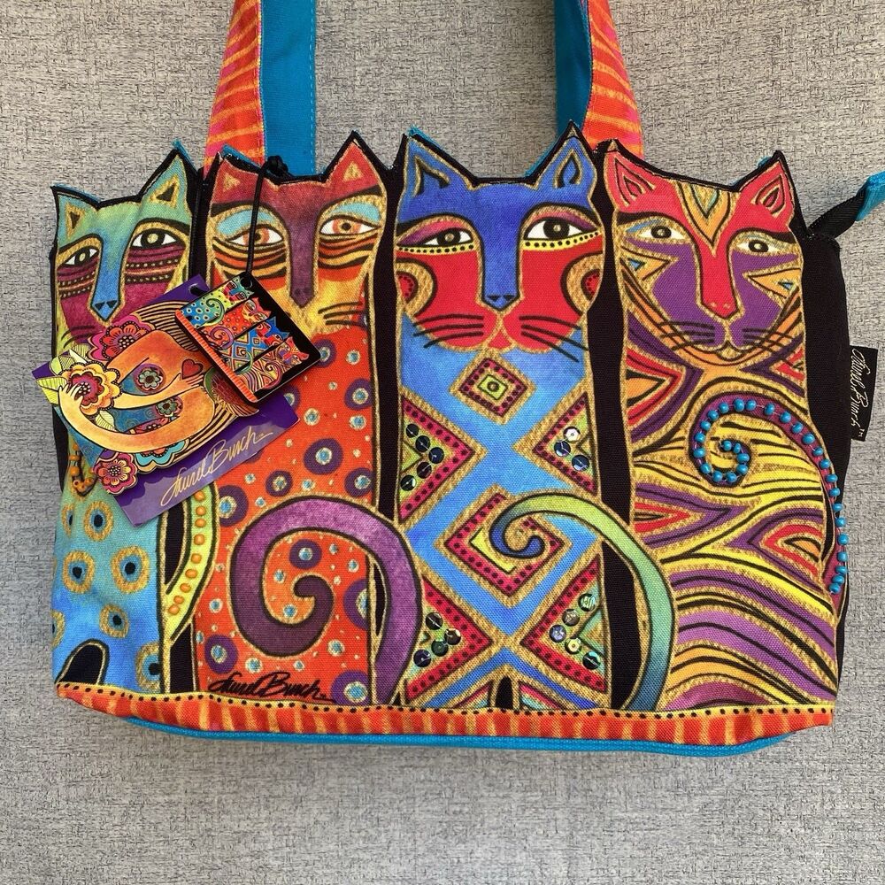 Laurel Burch Cat Canvas Tote Purse Shoulder Bag Colorful Beaded LB6103 NWT